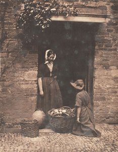[Dos mujeres, una arrodillada y otra de pie, mirando en una cesta llena de verduras], 1853-56 de John Dillwyn Llewelyn