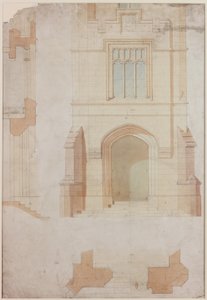 Elevación, sección y plano de la entrada principal de Holme Eden de John Dobson
