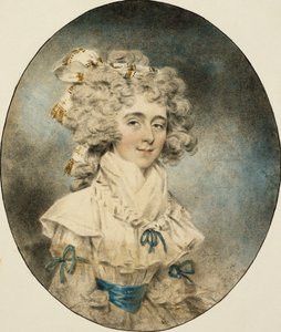 Retrato de la Sra. Fisher, medio cuerpo, con un Vestido Blanco Adornado con Cintas Azules, 1788 de John Dowman