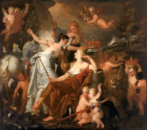 Una princesa tardía personificando la paz coronando la gloria de Inglaterra reflejada en Europa de John Downman
