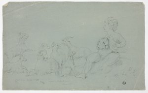 Antiguo Bajo Relieve con Niño Sentado Sosteniendo un Halcón y Acompañado por Perro, Ovejas y Cabras de John Downman