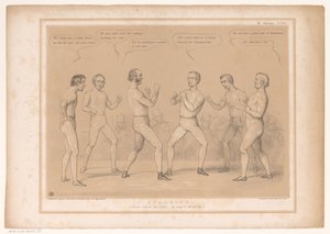 Spotprent conoció a Lord Bentinck y Lord Lyndhurst en een bokswedstrijd combate ¡Un Conjunto para, sin los Guantes, por el camino de Cuerda! (título en el objeto) Bocetos HB (título de la serie en el objeto) de John Doyle