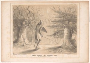 Spotprent conoció a Lord Russell como Tancredi Tancred entrando al bosque encantado. Vide Jerusalén liberada. Canto XIII (título sobre objeto) Bocetos HB (título de la serie en el objeto)