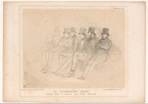 Caricatura con diferentes políticos seguidos Un grupo interesante. La desgracia nos hace conocer a extraños compañeros de cama (título sobre el objeto) Bocetos HB (título de la serie en el objeto) de John Doyle
