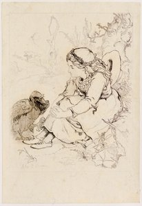 Niña sentada y gran pájaro de John Duncan