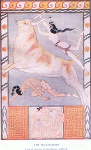 Los cazadores de toros, ilustración de Mitos de Creta y Europa Prehelénica, pub. por The Gresham Publishing Company Limited 1920s de John Duncan