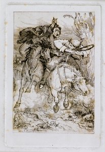 Dos jinetes galopando [uno llevando su propia cabeza]