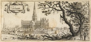 Dos figuras de pie junto a un gran árbol a la derecha en primer plano; la ciudad de Chichester a lo lejos; las murallas de la ciudad atraviesan la escena; la catedral de Chichester en el centro de la imagen, c.1660 (aguafuerte). de John Dunstall