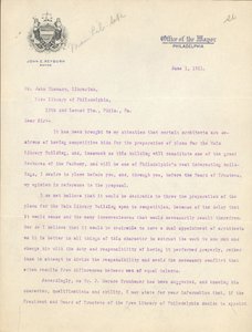 Carta del alcalde John Reyburn al bibliotecario John Thomson aprobando a Horace Trumbauer como arquitecto del edificio de la Biblioteca Principal, 1 de junio
