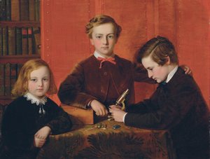 Los Jóvenes Microscopistas: Retrato de Frank, Harry y Arthur Izod Richards, de 10, 8 y 5 años, Jugando con un Microscopio de John Edgar Williams