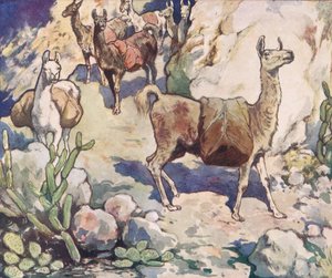Alpacas en un camino de montaña, ilustración de "Helpers Without Hands" de Gladys Davidson, publicada en 1919 (litografía en color)