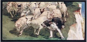 Perro pastor y rebaño en los acantilados, ilustración de "Helpers Without Hands" de Gladys Davidson, publicada en 1919 (litografía en color) de John Edwin Noble