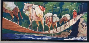 Los burros transportan suministros a través de un puente de cuerda, ilustración de "Helpers Without Hands" de Gladys Davidson, publicada en 1919 (litografía en color)