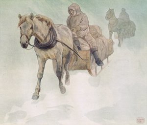 Trineo tirado por caballos, ilustración de "Helpers Without Hands" de Gladys Davidson, publicada en 1919 (litografía en color) de John Edwin Noble