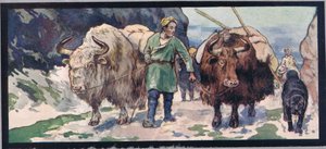 Yaks de montaña, ilustración de "Helpers Without Hands" de Gladys Davidson, publicada en 1919 (litografía en color) de John Edwin Noble