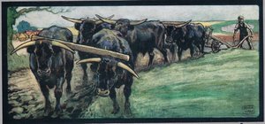 Arar el campo, ilustración de "Helpers Without Hands" de Gladys Davidson, publicada en 1919 (litografía en color)