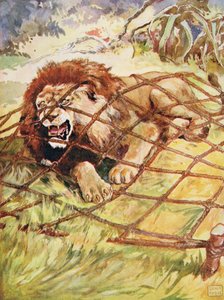 El león y el ratón de las "Fábulas de Esopo", publicado por Raphael Tuck & Sons Ltd., Londres (ilustración del libro)