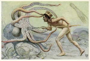 Era muy valiente y fuerte, y luchó con el gran pulpo de The Great Sea Horse, pub. 1909 de John Elliot