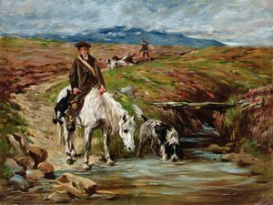Caballo y spaniel bebiendo de un arroyo de John Emms