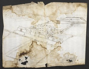 Agregar. 78610 (i) Perspectiva de Wotton con el jardín, la gruta y los alrededores desde el noroeste, c.1650 (pluma y tinta sobre papel)