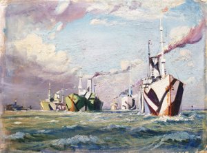 Un Cunarder (barco de vapor), c.1918 (óleo sobre cartón) de John Everett