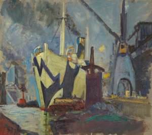 Un barco en los muelles, Finales del siglo XIX - mediados del siglo XX (óleo sobre papel) de John Everett
