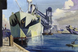 Dock Canada en Liverpool, con un buque de guerra anclado, pintado con un colorido camuflaje. Pintura de Herbert Barnard John Everett (1876-1949) de John Everett