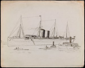 PAH1225; Barco de vapor cerca de una costa con remolcador al lado. Barco de pasajeros con remolcador y vapor de ruedas Tilbury cerca (dibujo).