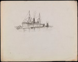 PAH1225; Barco de vapor cerca de una costa con remolcador al lado. Barco de pasajeros con remolcador y vapor de ruedas Tilbury cerca (dibujo). de John Everett