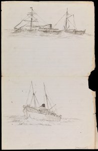PAH1228; Bocetos de un acorazado y otros dos buques de la Royal Navy (dibujo)