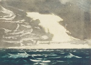 Paisaje marino - mar verde y cielo tormentoso azul grisáceo 2, siglo XX (aguatinta coloreada) de John Everett