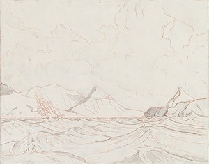 Paisaje marino con barco pasando por tierra (1), principios del siglo XX (grafito, lápiz de color marrón) de John Everett