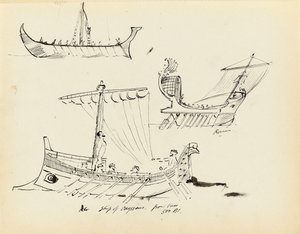Bocetos de embarcaciones primitivas, incluida una nave romana de velas y remos y la nave de Odiseo, 500 a.C. (de un vaso), principios del siglo XX (bolígrafo, tinta negra) de John Everett