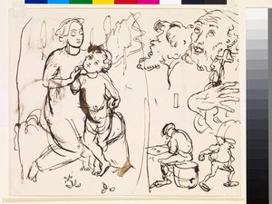 Hoja de estudios caricaturizando el estilo post-rafaelesco, 1853 de John Everett Millais