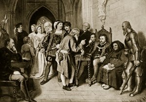 James IV en consejo antes de la Batalla de Flodden, 1513, ilustración de 