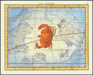 Carta de 1776 de la constelación de Cáncer y constelaciones vecinas, del Atlas Celeste de Flamsteed de Fortin.