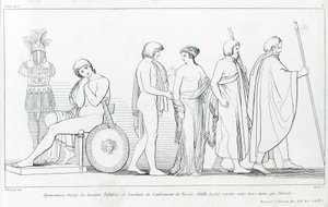 Agamenón encargó a los heraldos Taltibio y Euribates el secuestro de Briseida; Aquiles la entregó en sus manos por Patroclo. Dibujo de John Flaxman (1755 - 1826). La Ilíada de Homero. Canto I. de John Flaxman