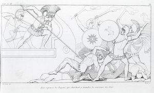 Áyax repele a los troyanos que buscan quemar los barcos griegos. Dibujo de John Flaxman (1755 - 1826). La Ilíada de Homero. Canto XV. de John Flaxman