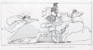 Apolo, dios del Sol, para preservar el cuerpo de Héctor lo cubre completamente con su égida dorada. Canto XXIV. Dibujo de John Flaxman (1755 - 1826). La Ilíada de Homero