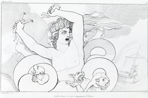 Episodio de Caribdis y Escila: seis compañeros de Ulises son devorados. La Odisea de Homero. Canto XII. de John Flaxman