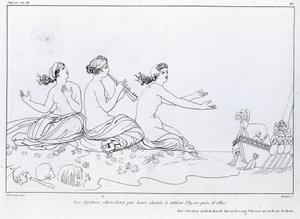 Las sirenas buscan con su canto atraer a Ulises. La Odisea de Homero. Canto XII.