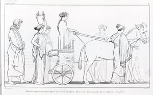 Nausicaa, que acaba de conocer a Ulises, lo lleva de regreso al palacio de su padre, el rey Alkinoos. Dibujo de John Flaxman (1755 - 1826). La Odisea de Homero. Canto VI.