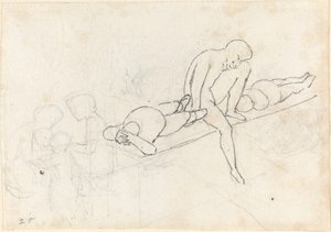 Hombre sentado flanqueado por dos figuras reclinadas; grupo de figuras en la esquina inferior izquierda de John Flaxman