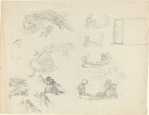 Estudios de gallo cantando y figuras reclinadas [recto y verso] de John Flaxman