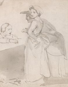 Dos mujeres hablan con un hombre en un mostrador de John Flaxman
