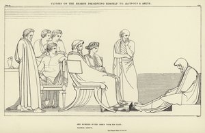 Ulises en el hogar presentándose a Alcínoo y Arete