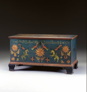 Cofre decorado con tapa abatible hecho para Jacob Ober, Municipio de Rapho, Condado de Lancaster, Pensilvania, EE.UU., 1794