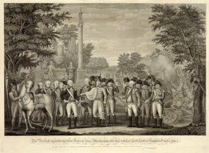 La rendición británica de sus armas al General Washington después de su derrota en York Town en Virginia, octubre de 1781, pub. 1819 (grabado) de John Francis (after) Renault