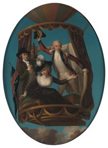 El capitán Vincenzo Lunardi con su ayudante George Biggin, y la Sra. Letitia Anne Sage, en globo
