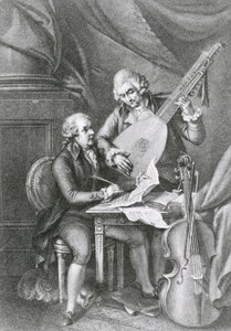 Retrato de Franz Joseph Haydn (1732-1809) y Wolfgang Amadeus Mozart (1756-91) componiendo música para el laúd, grabado por Michele Benedetti (1745-1810) de John Francis Rigaud